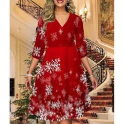 Women's Christmas Print Dress Wine Light Red Dark Green Red Black Long Sleeve Elk SnowmanTree Print Winter Autumn V Neck Fashion CasualFall Dress Loose Fit 2022 S M L XL 2XL 3XL 4XL 5XL -Fashion Life Shop vjmqlc1668427181410