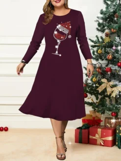 Women's Christmas Plus Size Curve Casual Dress Skater Dress A Line Dress Graphic Snowflake Midi Dress Long Sleeve Print Crew Neck Fashion Outdoor Black Wine Fall Winter L XL XXL 3XL 4XL -Fashion Life Shop vjwjgu1695264753960