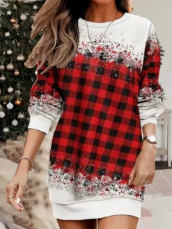 Women's Casual Dress Sweatshirt Dress Mini Dress Warm Fashion Outdoor Christmas Vacation Crew Neck Print Geometric Loose Fit Red Burgundy Blue S M L XL XXL
