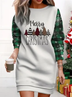 Women's Christmas Casual Dress Sweatshirt Dress Mini Dress Warm Fashion Outdoor Vacation Crew Neck Print Geometric Christmas Tree Christmas Hat Loose Fit ArmyGreen Black Wine S M L XL XXL -Fashion Life Shop vkpbcg1695365593239