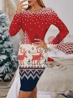 Women's Christmas Casual Dress Sheath Dress Mini Dress Green Wine Red Beige Black Long Sleeve Letter Santa Claus Elk Print Winter Fall Crew Neck Stylish Casual 2022 S M L XL 2XL 3XL 4XL 5XL 6XL -Fashion Life Shop vkpuqf1666676348267
