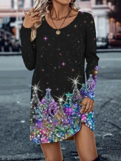 Women's Casual Dress Christmas Dress T Shirt Dress Tee Dress Snowman Christmas Tree Print V Neck Mini Dress Fashion Streetwear Outdoor Christmas Long Sleeve Loose Fit Black And White Black White Fall -Fashion Life Shop vkxuhc1694424015018