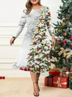 Women's Christmas Plus Size Curve Casual Dress Skater Dress A Line Dress Snowman Christmas Tree Midi Dress Long Sleeve Print Crew Neck Fashion Outdoor Black Wine Fall Winter L XL XXL 3XL 4XL -Fashion Life Shop vkxxxb1695191645155