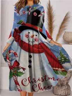 Women's Christmas Casual Dress Swing Dress Midi Dress Black Blue Wine Long Sleeve Snowman Pocket Winter Fall Autumn Fashion Christmas Daily 2022 S M L XL XXL 3XL -Fashion Life Shop vlcdnz1667815878012