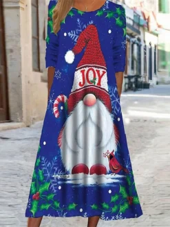 Women's Christmas Casual Dress Swing DressMidi Dress Blue Wine White Long Sleeve Santa Claus Elk Snowflake Pocket Print Fall Winter Round Neck Vacation Casual 2022 S M L XL XXL 3XL