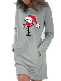 Women‘s Christmas Hoodie Dress Winter Dress Light Blue Grey White Long Sleeve Hat Pocket Print Winter Fall Crew Neck Stylish Casual Fall Dress Loose Fit 2022 S M L XL 2XL / Cotton -Fashion Life Shop vlmbty1666175053394