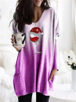 Women's Christmas Casual Dress Shift DressShort Mini Dress Blue Purple Orange Gray Long Sleeve Geometric Snowflake Hat Patchwork Pocket Print Fall Winter V Neck Casual Batwing Sleeve Belt -Fashion Life Shop vlrucv1664257816917