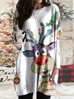 Women's Christmas Casual Dress T Shirt Dress Tee Dress Shift Dress Mini Dress Khaki Beige White Long Sleeve Animal Pocket Winter Fall Autumn Crew Neck Vacation Loose Fit 2022 S M L XL XXL 3XL / Print -Fashion Life Shop vmmjja1667206097208