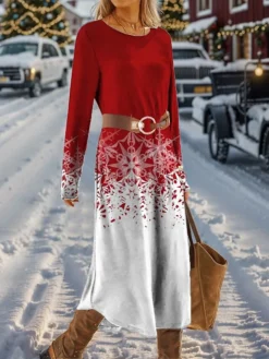 Women's Casual Dress Christmas Dress Winter Dress Christmas Tree Snowflake With Belt Print Crew Neck Midi Dress Fashion Streetwear Outdoor Christmas Long Sleeve Loose Fit Pink Red Blue Fall Winter S -Fashion Life Shop vncyfc1697023052488
