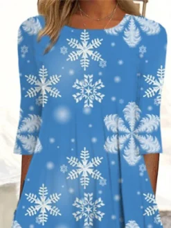 Women's Christmas Casual Dress Shift DressMidi Dress Blue 3/4 Length Sleeve Snowflake Ruched Print Fall Winter Round Neck Vacation Casual 2022 S M L XL XXL 3XL -Fashion Life Shop vnflls1663899566288