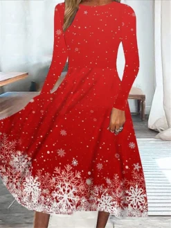 Women's Casual Dress Swing Dress Midi Dress Wine Long Sleeve Snowflake Pocket Winter Fall Spring Crew Neck Fashion Christmas Daily Weekend 2022 S M L XL XXL 3XL