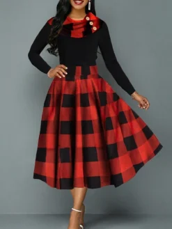 Women‘s Christmas Retro Elegant Vintage Dress Midi Dress Party Ruffle Patchwork Plaid Crew Neck Long Sleeve Regular Fit Fall Winter 2023 Red S M L XL