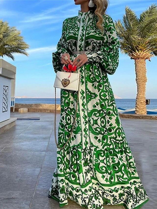 Women's Casual Dress Winter Dress Swing Dress Floral Stripe Ruched Ruffle Crew Neck Midi Dress Fashion Modern Outdoor Christmas Long Sleeve Loose Fit Green Fall Winter S M L XL 2 Women's Casual Dress Winter Dress Swing Dress Floral Stripe Ruched Ruffle Crew Neck Midi Dress Fashion Modern Outdoor Christmas Long Sleeve Loose Fit Green Fall Winter S M L XL - Image 2