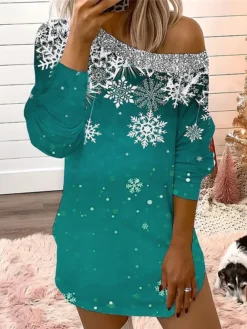 Women's Casual Dress Christmas Dress Sweatshirt Dress Snowflake Cold Shoulder Print One Shoulder Mini Dress Fashion Streetwear Outdoor Christmas Long Sleeve Loose Fit Wine Blue Brown Fall Winter S M -Fashion Life Shop vqefrq1694423432412