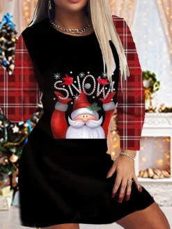 Women's Christmas Casual Dress Sheath Dress Mini Dress Wine Red Black Long Sleeve Print Knit Print Winter Fall Crew Neck Fashion Casual Modern Fall Dress 2022 S M L XL 2XL 3XL 4XL 5XL 6XL