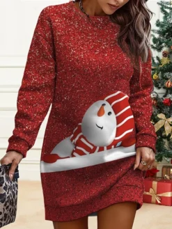Women's Christmas Casual Dress Sweatshirt Dress Mini Dress Warm Fashion OutdoorVacation Crew Neck Print Snowman Snowflake Deer Loose Fit Black Red Burgundy S M L XL XXL -Fashion Life Shop vrfafe1695644480429