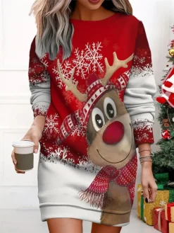 Women's Christmas Casual Dress Sweatshirt Dress Mini Dress Warm Fashion OutdoorVacation Crew Neck Print Santa Claushat Loose Fit ArmyGreen Black White S M L XL XXL