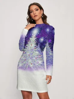 Women's Christmas Dress Sweater Dress Jumper Dress Midi Dress Warm Christmas Tree Outdoor Christmas Daily Holiday Round Neck Long Sleeve 2023 Regular Fit Red Blue Purple S M L XL XXL 3XL -Fashion Life Shop vrifoo1697523516423