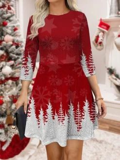 Women‘s Christmas Sweater Dress Jumper Dress Winter Dress Warm Plaid Christmas Tree Snowflake Outdoor Christmas Daily Holiday Crew Neck Long Sleeve 2023 Regular Fit Wine Red Blue S M L