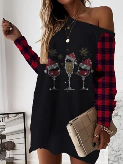 Women‘s Christmas Casual Dress Sweatshirt Dress Mini Dress Warm Fashion Outdoor Holiday Crew Neck Print Snowman Loose Fit Black Red Green S M L XL XXL