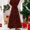 Women's Casual Dress Christmas Dress Winter Dress Geometric Print Crew Neck Midi Dress Fashion Streetwear Outdoor Christmas Long Sleeve Slim Wine Fall Winter S M L XL XXL