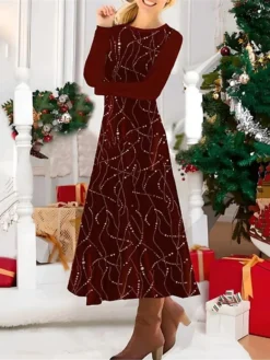Women's Casual Dress Christmas Dress Winter Dress Geometric Print Crew Neck Midi Dress Fashion Streetwear Outdoor Christmas Long Sleeve Slim Wine Fall Winter S M L XL XXL