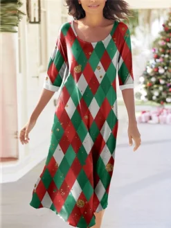 Women's Casual Dress Christmas Dress Winter Dress Plaid Print Crew Neck Midi Dress Fashion Streetwear Outdoor Christmas Long Sleeve Regular Fit Green Fall Winter S M L XL XXL