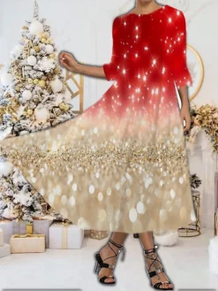 Women's Casual Dress Swing Dress Midi Dress Black Wine Red 3/4 Length Sleeve Christmas Tree Ruched Spring Fall Winter Crew Neck Fashion Christmas 2023 S M L XL XXL 3XL 4XL 5XL