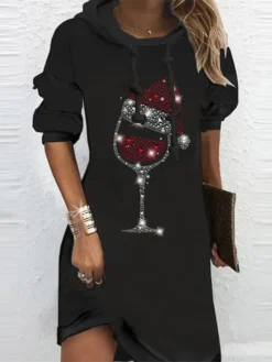 Women's Christmas Hoodie Dress Shift Dress Mini Dress Black Long Sleeve Christmas Hat Print Winter Fall Autumn Hooded Fashion Christmas Daily 2022 S M L XL XXL 3XL