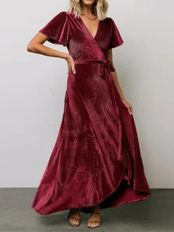 Women's Christmas Dress Casual Dress Velvet Dress Long Dress Maxi Dress Lace Up Outdoor Christmas Daily Fashion Elegant V Neck Short Sleeve 2023 Slim Black Wine Dark Blue Color S M L XL XXL Size -Fashion Life Shop vugabi1693897254911