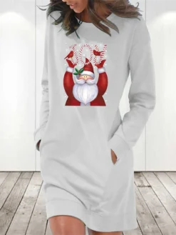 Women's Christmas Hoodie Dress Winter Dress Light Blue Grey White Long Sleeve Letter Santa Claus Pocket Print Winter Fall Crew Neck Stylish Casual Fall Dress Loose Fit 2022 S M L XL 2XL / Cotton -Fashion Life Shop vvalfy1665742313097