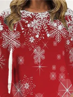 Women's Christmas Casual Dress T Shirt Dress Tee Dress Shift Dress Mini Dress Red Long Sleeve Snowflake Pocket Winter Fall Autumn Crew Neck Fashion Christmas Daily 2022 S M L XL XXL 3XL -Fashion Life Shop vvgxgj1667815349382