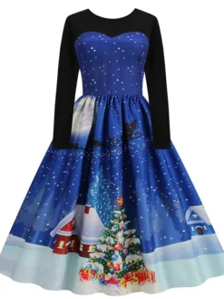 Women's Christmas Swing Dress Vintage DressKnee Length Dress Blue Royal Blue Light Blue Black Long Sleeve Santa Claus Elk Snowman Print Fall Winter Crew Neck Vacation Vintage 2022 S M L XL XXL 3XL -Fashion Life Shop vvjatl1665293398692