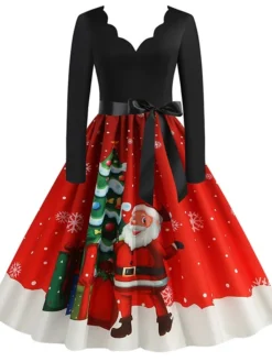 Women's Christmas Party Dress Knee Length Dress Purple Royal Blue Dark Blue Red Black Long Sleeve Elk Tree Bell Bow Print Fall Winter V Neck Vintage Elegant Party 2022 -Fashion Life Shop vvlbdc1632996775724