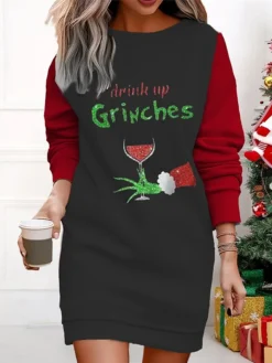 Women's Casual Dress Sweatshirt Dress Mini Dress Warm Fashion Outdoor Christmas Vacation Crew Neck Print Geometric Print Monster Loose Fit Black Wine Red S M L XL XXL -Fashion Life Shop vvmzql1695365300833