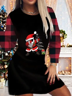 Women's Christmas Bodycon Print Dress Mini Dress Wine Red Black Long Sleeve Elk Tree Snowflake Print Winter Autumn Crew Neck Fashion Casual 2022 S M L XL 2XL 3XL 4XL 5XL 6XL