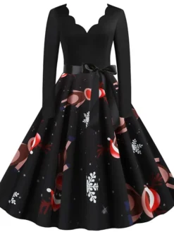 Women's Christmas Knee Length Dress Wine Green Orange Black Red Brown Navy Blue Long Sleeve Print Bow Print Fall Winter V Neck Casual Vintage2021 S M L XL XXL 3XL 35 Women's Christmas Knee Length Dress Wine Green Orange Black Red Brown Navy Blue Long Sleeve Print Bow Print Fall Winter V Neck Casual Vintage2021 S M L XL XXL 3XL -Fashion Life Shop vvyudu1629971431788