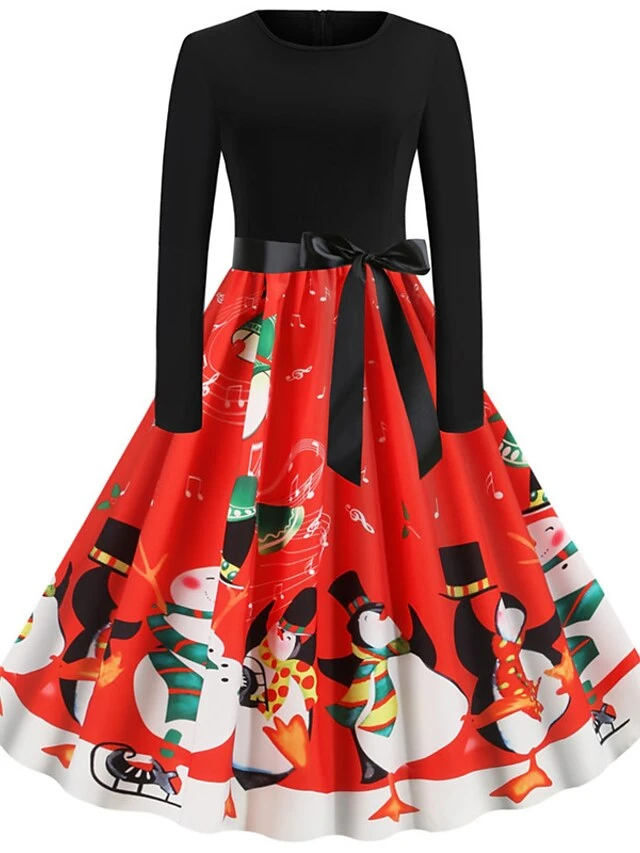 Women's Christmas Knee Length Dress Blue Purple Wine Gray Green Black Red Light Blue Long Sleeve Print Bow Print Fall Winter Round Neck Casual Vintage2021 S M L XL XXL 8 Women's Christmas Knee Length Dress Blue Purple Wine Gray Green Black Red Light Blue Long Sleeve Print Bow Print Fall Winter Round Neck Casual Vintage2021 S M L XL XXL - Image 8