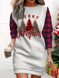 Women's Christmas Casual Dress Sweatshirt Dress Mini Dress Warm Fashion Outdoor Vacation Crew Neck Print Geometric Christmas Tree Christmas Hat Loose Fit ArmyGreen Black Wine S M L XL XXL -Fashion Life Shop vwmqlo1695365594193