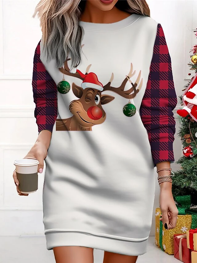 Women's Christmas Casual Dress Sweatshirt Dress Mini Dress Warm Fashion OutdoorVacation Crew Neck Print Animal Geometric Santa Claus Loose Fit Black White Red S M L XL XXL 2 Women's Christmas Casual Dress Sweatshirt Dress Mini Dress Warm Fashion OutdoorVacation Crew Neck Print Animal Geometric Santa Claus Loose Fit Black White Red S M L XL XXL - Image 2