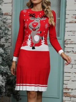 Women's Christmas Dress Sweater Dress Christmas Sweater Dress Midi Dress Ugly Graphic Tree Letter Outdoor Christmas Casual Holiday Crew Neck Long Sleeve 2023 Regular Fit White Wine Red S M L XL -Fashion Life Shop vxrcgg1696925863516