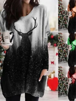 Women's Christmas Casual Dress T Shirt Dress Tee DressShort Mini Dress Green Orange Red Gray Long Sleeve Elk Color Gradient Pocket Fall Winter Crew Neck Casual 2022 S M L XL XXL 3XL 4XL 5XL