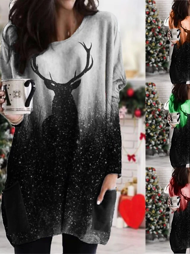 Women's Christmas Casual Dress T Shirt Dress Tee DressShort Mini Dress Green Orange Red Gray Long Sleeve Elk Color Gradient Pocket Fall Winter Crew Neck Casual 2022 S M L XL XXL 3XL 4XL 5XL 1 Women's Christmas Casual Dress T Shirt Dress Tee DressShort Mini Dress Green Orange Red Gray Long Sleeve Elk Color Gradient Pocket Fall Winter Crew Neck Casual 2022 S M L XL XXL 3XL 4XL 5XL