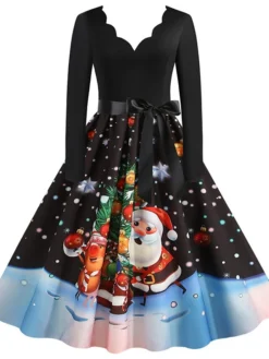 Women's Christmas Party Dress Knee Length Dress Purple Royal Blue Dark Blue Red Black Long Sleeve Elk Tree Bell Bow Print Fall Winter V Neck Vintage Elegant Party 2022