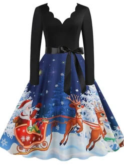 Women's Christmas Casual Dress Swing Dress Midi Dress Blue Purple Royal Blue Light Blue White Long Sleeve Santa Claus Elk Tree Bow Print Winter Fall V Neck Vacation Vintage 2022 S M L XL -Fashion Life Shop vzezkx1666927317986