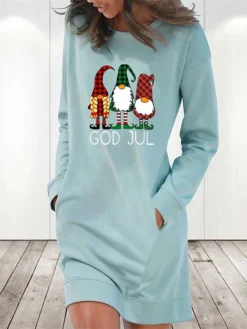 Women's Christmas Sweatshirt Dress Winter Dress Short Mini Dress Light Blue Grey White Long Sleeve Letter Santa Claus Pocket Print Fall Winter Crew Neck Stylish Casual 2022 S M L XL 2XL