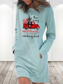 Women‘s Christmas Hoodie Dress Winter DressShort Mini Dress Light Blue Grey White Long Sleeve Letter Print Pocket Print Fall Winter Crew Neck Stylish Casual 2022 S M L XL 2XL / Cotton