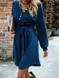 Women‘s Christmas Sweater Dress Jumper Dress Winter Dress Basic Christmas Street Daily Weekend V Neck Long Sleeve Lace Up Button 2023 Regular Fit Black Red Blue S M L XL -Fashion Life Shop vzyuon1692340849387