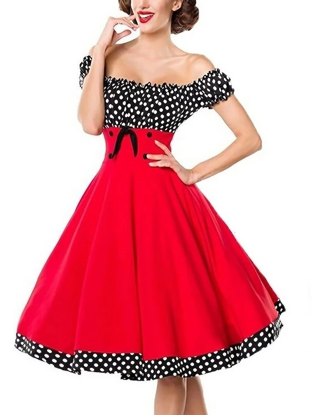 Women‘s Christmas Swing Dress Vintage Dress Midi Dress Black Red Short Sleeve Polka Dot Ruched Fall Spring Summer Off Shoulder Vintage Style Vacation Weekend 2022 S M L XL XXL 1 Women‘s Christmas Swing Dress Vintage Dress Midi Dress Black Red Short Sleeve Polka Dot Ruched Fall Spring Summer Off Shoulder Vintage Style Vacation Weekend 2022 S M L XL XXL