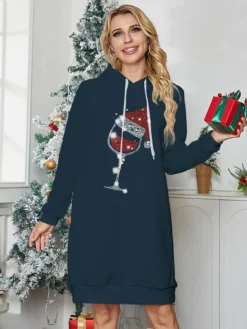 Women's Christmas Casual Dress Hoodie Dress Mini Dress Warm Fashion OutdoorHoliday V Neck Printhat Loose Fit Black Burgundy Navy Blue S M L XL XXL -Fashion Life Shop wbzhde1695893421891